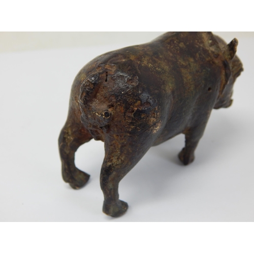 980 - Antique Bronze Figure of a Boar with Bell around his neck: Wonderful patina. Measures 9cm wide