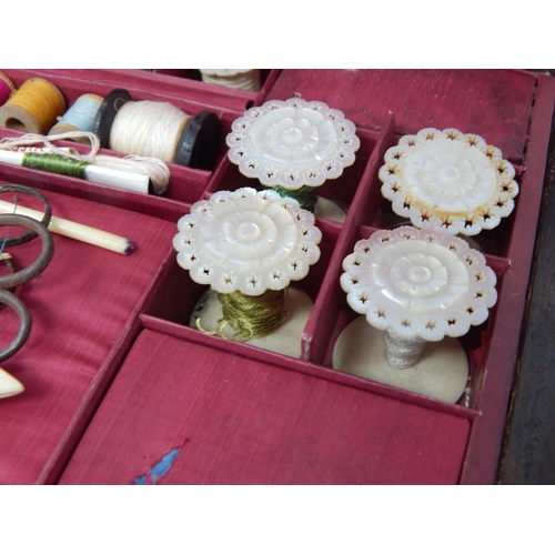 985 - Victorian Mahogany Inlaid Mother of Pearl Silk Lined Sewing Box fitted with Mother of Pearl & Ivory ... 