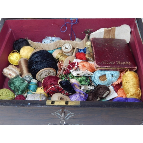 985 - Victorian Mahogany Inlaid Mother of Pearl Silk Lined Sewing Box fitted with Mother of Pearl & Ivory ... 