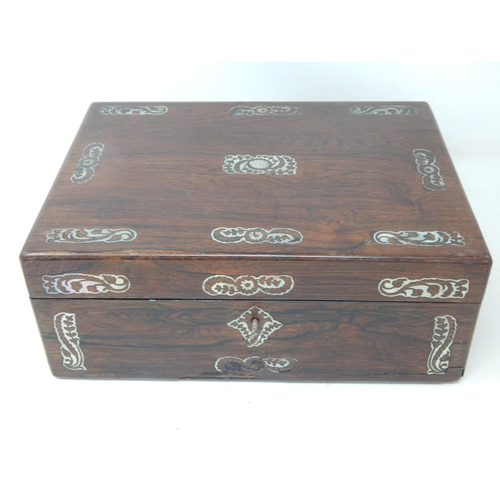 985 - Victorian Mahogany Inlaid Mother of Pearl Silk Lined Sewing Box fitted with Mother of Pearl & Ivory ... 