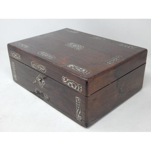 985 - Victorian Mahogany Inlaid Mother of Pearl Silk Lined Sewing Box fitted with Mother of Pearl & Ivory ... 