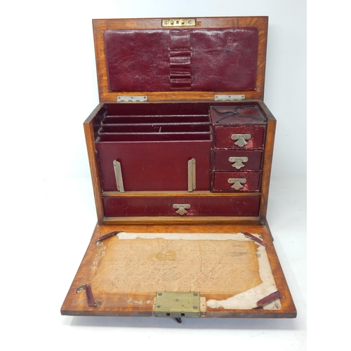 986 - Edwardian Oak Stationary Cabinet with Red Leathered Fitted Interior. Measures 34cm wide x 17cm deep ... 