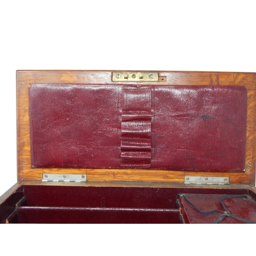 986 - Edwardian Oak Stationary Cabinet with Red Leathered Fitted Interior. Measures 34cm wide x 17cm deep ... 