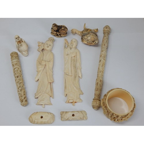 989 - A Collection of Antique Ivory to Include Two Chinese Figures on Stands 12cm high together with two c... 