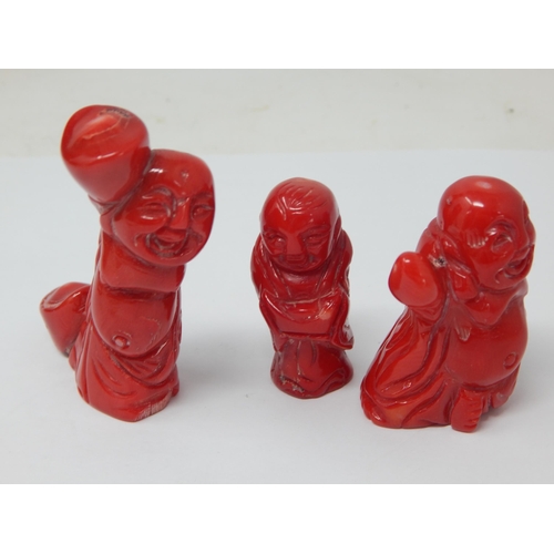 990 - Three Chinese Carved Bamboo Red Coral Figures. The Tallest 7cm