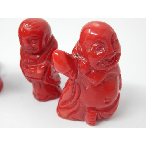 990 - Three Chinese Carved Bamboo Red Coral Figures. The Tallest 7cm