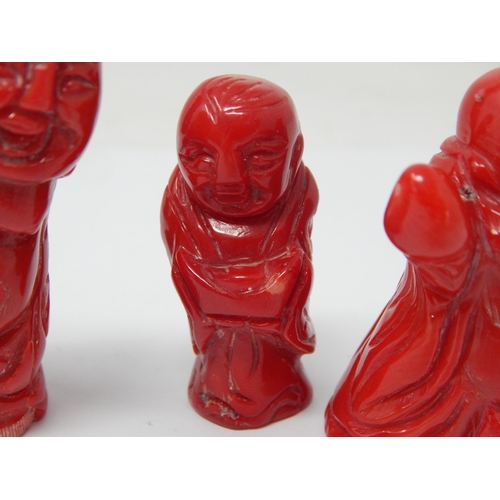 990 - Three Chinese Carved Bamboo Red Coral Figures. The Tallest 7cm