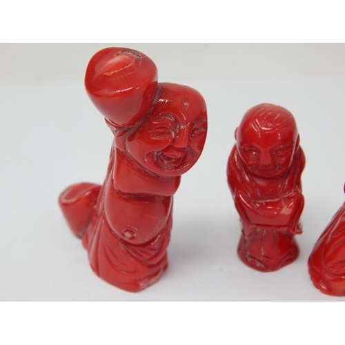 990 - Three Chinese Carved Bamboo Red Coral Figures. The Tallest 7cm