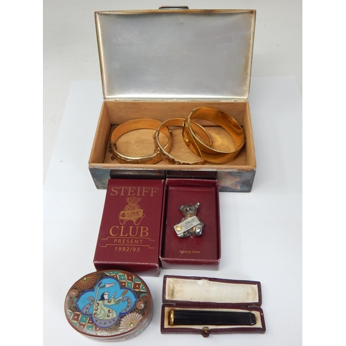 991 - Cast Sterling Silver Steiff Club Bear in Original Box together with 3 rolled gold bangles, yellow me... 