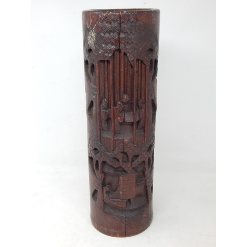 994 - Large Chinese Bamboo Vase Carved with Figures & Cranes. Measures 37cm high