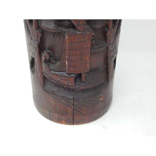 994 - Large Chinese Bamboo Vase Carved with Figures & Cranes. Measures 37cm high