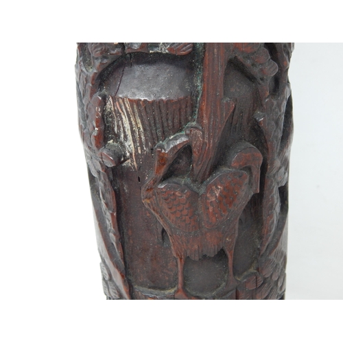 994 - Large Chinese Bamboo Vase Carved with Figures & Cranes. Measures 37cm high