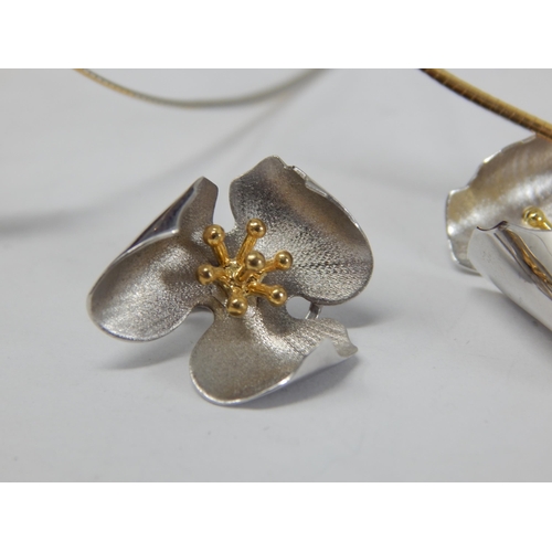 185 - 18ct White & Yellow Gold Suite of Jewellery Comprising Flowerhead Pendant Necklace & Matching Earrin... 