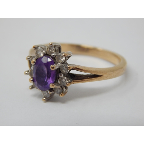 999 - 9ct Yellow Gold Diamond & Amethyst Ring: Size N: Gross weight 3.5g