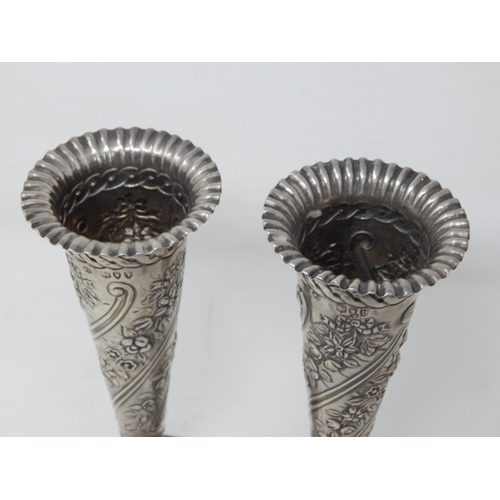 202 - Pair of Victorian Silver Vases: Hallmarked London 1894/5 by William Comyns: Weighted: Height 17.5cm:... 