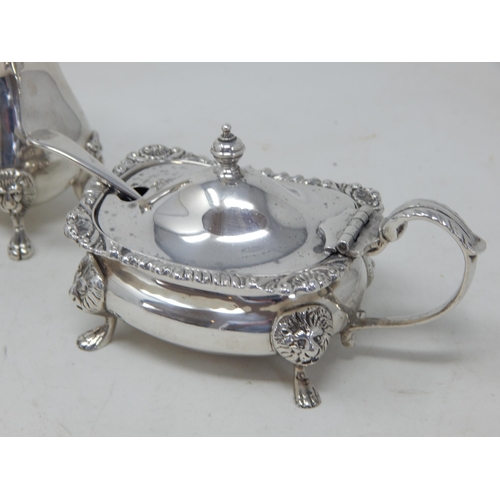 206 - Silver 3 Piece Cruet Set Comprising Mustard, Salt & Pepper with Shell & Gadrooned Rims on Lion Mask ... 