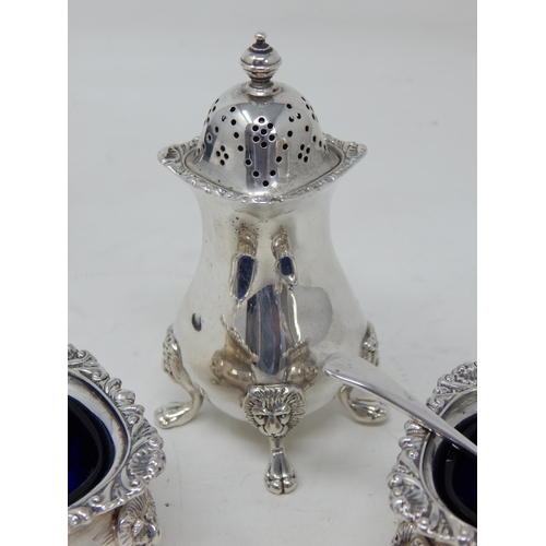 206 - Silver 3 Piece Cruet Set Comprising Mustard, Salt & Pepper with Shell & Gadrooned Rims on Lion Mask ... 