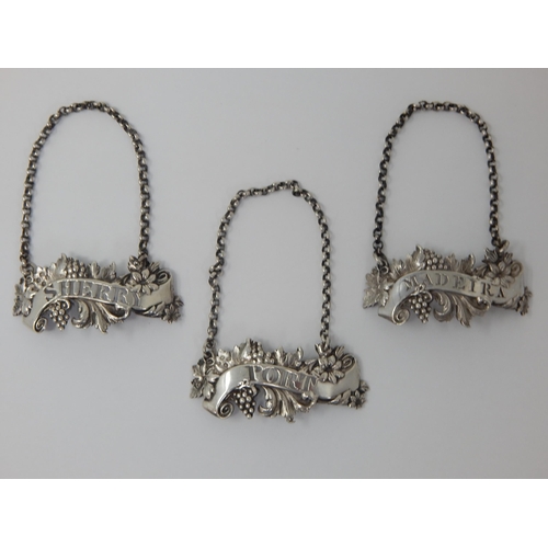 207 - Set of 3 Early Victorian Cast Silver Decanter Labels with Chains for Port, Madeira & Sherry with Gra... 