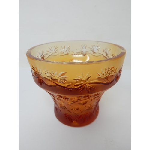 503 - LALIQUE: Amber Glass Leaf Pattern Vase: Measures 9cm diameter x 8cm high: Etched Signature to Base 