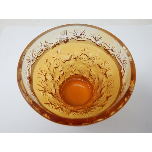 503 - LALIQUE: Amber Glass Leaf Pattern Vase: Measures 9cm diameter x 8cm high: Etched Signature to Base 