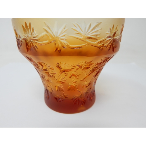 503 - LALIQUE: Amber Glass Leaf Pattern Vase: Measures 9cm diameter x 8cm high: Etched Signature to Base 