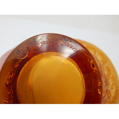 503 - LALIQUE: Amber Glass Leaf Pattern Vase: Measures 9cm diameter x 8cm high: Etched Signature to Base 