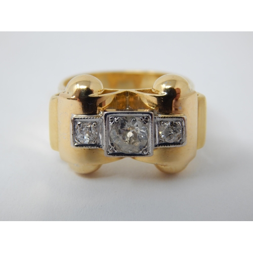 280 - Art Deco 18ct Yellow Gold Ring Set with Three Diamonds Mounted in Platinum Totalling 1.0ct. Ring Siz... 