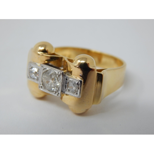 280 - Art Deco 18ct Yellow Gold Ring Set with Three Diamonds Mounted in Platinum Totalling 1.0ct. Ring Siz... 