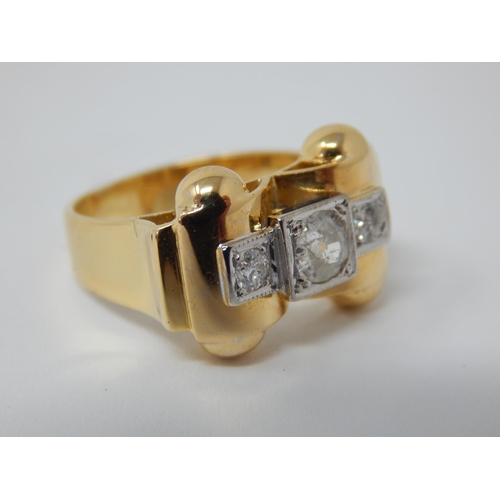 280 - Art Deco 18ct Yellow Gold Ring Set with Three Diamonds Mounted in Platinum Totalling 1.0ct. Ring Siz... 