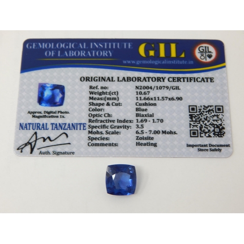 404 - A 10.67ct Cushion Cut Tanzanite with G.I.L Certificate of Authenticity.