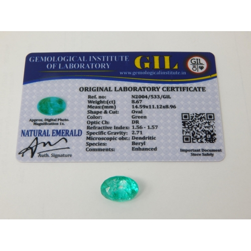 414 - A 8.67ct Oval Cut Emerald with G.I.L Certificate of Authenticity.