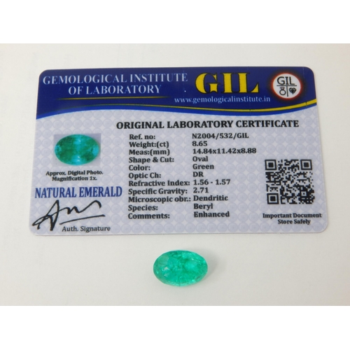 415 - A 8.65ct Oval Cut Emerald with G.I.L Certificate of Authenticity.