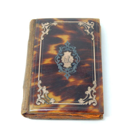 241 - Victorian Aide Memoire with Tortoiseshell Covers & Gold Pique Inlay, Silk Interior: Measures 9.5cm x... 