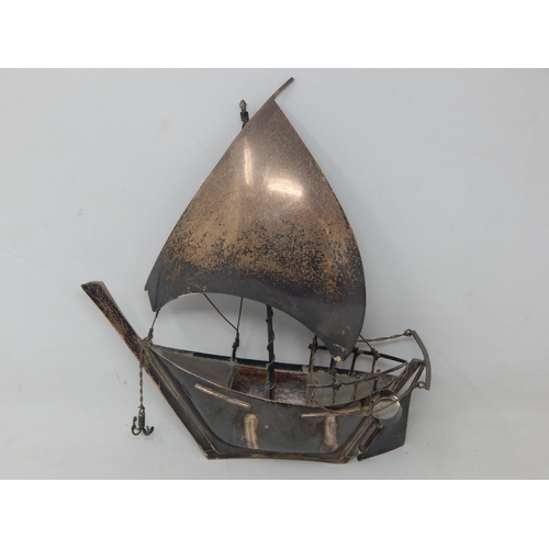 307 - Sterling Silver Model of a Boat with Anchor: Measuring 24cm high x 22cm wide: Weight 250g