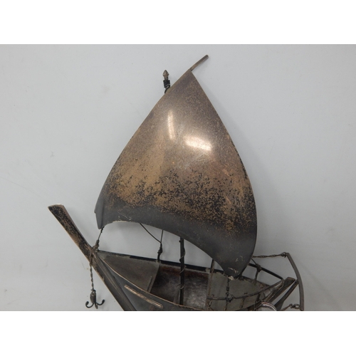 307 - Sterling Silver Model of a Boat with Anchor: Measuring 24cm high x 22cm wide: Weight 250g