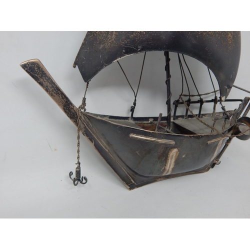 307 - Sterling Silver Model of a Boat with Anchor: Measuring 24cm high x 22cm wide: Weight 250g