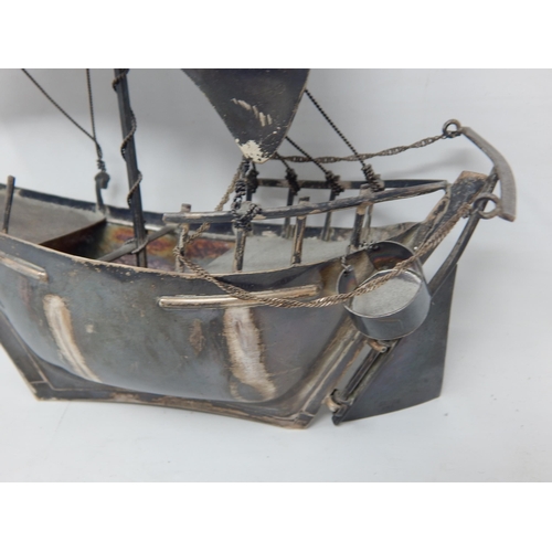 307 - Sterling Silver Model of a Boat with Anchor: Measuring 24cm high x 22cm wide: Weight 250g