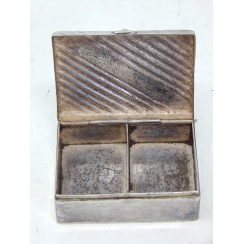 317 - Silver Double Stamp Box: No visible hallmarks but tested as 925 silver: Measures 5.8cm x 4.4cm