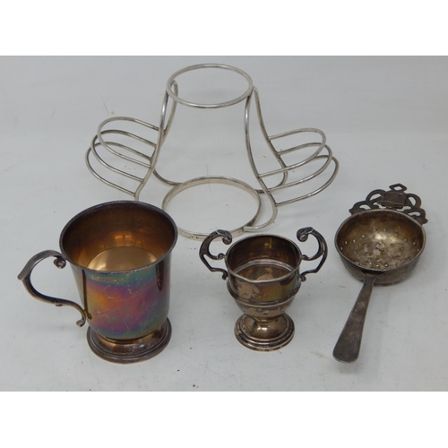 347 - Hallmarked Silver Christening Cup, Tea Strainer, Trophy Cup & Condiment Stand: Various Dates & Maker... 