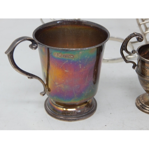 347 - Hallmarked Silver Christening Cup, Tea Strainer, Trophy Cup & Condiment Stand: Various Dates & Maker... 