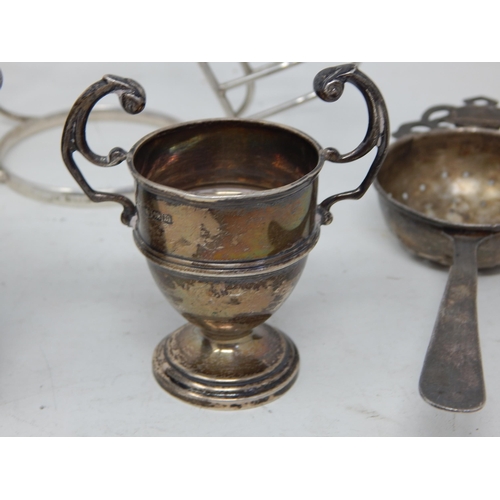 347 - Hallmarked Silver Christening Cup, Tea Strainer, Trophy Cup & Condiment Stand: Various Dates & Maker... 