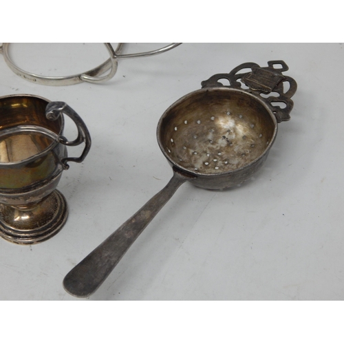 347 - Hallmarked Silver Christening Cup, Tea Strainer, Trophy Cup & Condiment Stand: Various Dates & Maker... 