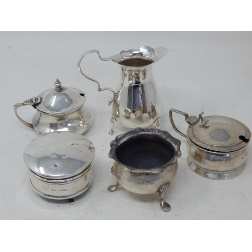 349 - Hallmarked Silver Cream Jug, Mustards. Salt Pot & Box: Various Dates & Makers: Weight 154g