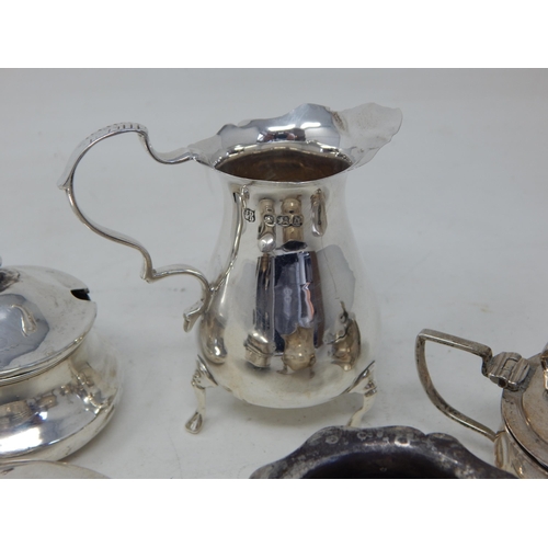 349 - Hallmarked Silver Cream Jug, Mustards. Salt Pot & Box: Various Dates & Makers: Weight 154g