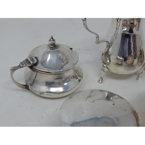 349 - Hallmarked Silver Cream Jug, Mustards. Salt Pot & Box: Various Dates & Makers: Weight 154g