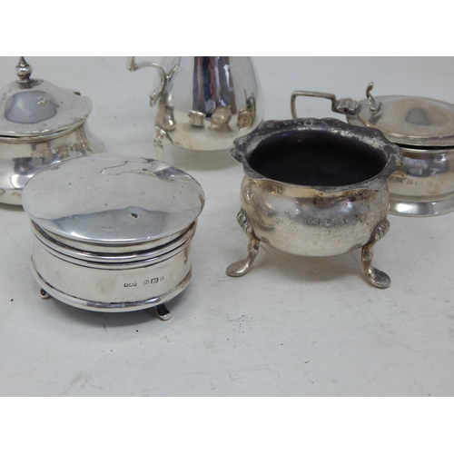 349 - Hallmarked Silver Cream Jug, Mustards. Salt Pot & Box: Various Dates & Makers: Weight 154g