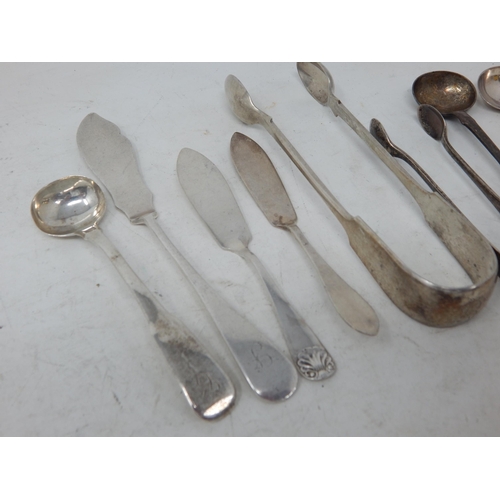 393 - Quantity of Hallmarked Silver to Include Butter Knives, Sugar Tongs & Spoons: Various Dates & Makers... 