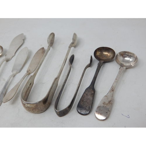 393 - Quantity of Hallmarked Silver to Include Butter Knives, Sugar Tongs & Spoons: Various Dates & Makers... 