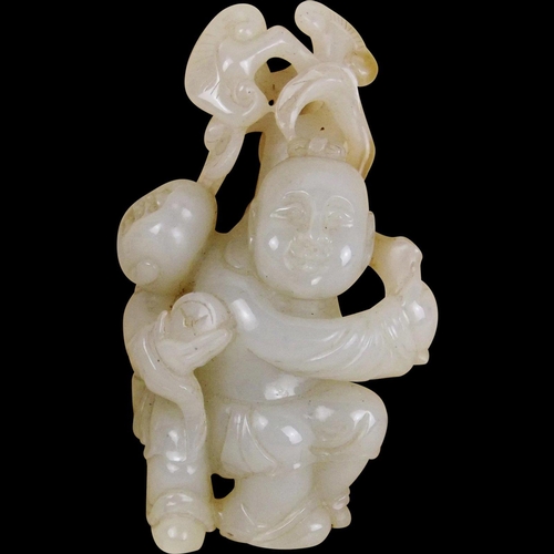 Chinese Qing Era White Jade Man & Boy Carving ~

The nephrite jade sculpture depicts a man and a boy, one is holding a lingzhi branch & the other a coin. The boy holding the coin is watching the branch grow.

The sculpture is coloured pure ‘white’ (in jade terms, it is actually a pale green), a very sought after colour.

~ Dimensions ~

The piece has a height of 3.5 inches (8.9 cm), a width of 2.2 inches (5.6 cm) & a depth of 1.5 inches (3.8 cm).

It weighs 145 g.

~ Condition ~

The jade is in excellent condition