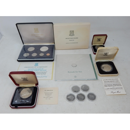 71 - FFE 1973 'Hands' Proof 50 Pence coin; St Helena Silver Proof Crown 1973; Falklands Charles & Diana P... 